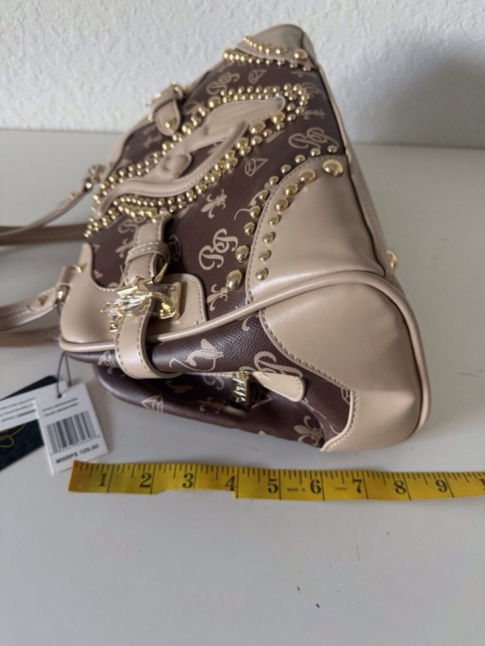 Baby Phat Croc Embossed Studded Cat Satchel Bowler Bag Brown Gold Y2K Viral NEW - Picture 4 of 13